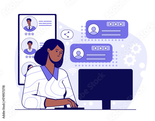 Female HR professional analyzing candidate profiles on computer screen, modern flat graphic style, abstract background with icons, concept of online recruitment. Vector illustration