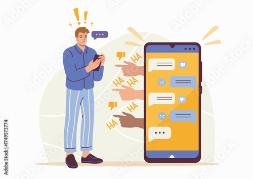 Sad man holding phone while receiving online hate messages, surrounded by mocking hands and emojis, flat style, on white background. Concept of cyberbullying. Vector illustration