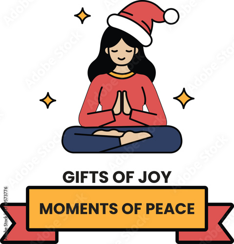 A woman in a red shirt and a Santa hat is sitting in a lotus position