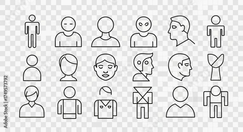 A collection of twenty vector icons depicting various human figures and faces in a minimalist, line-art style.