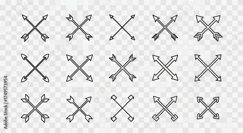 A collection of fifteen crossed arrow designs, each with a unique style and arrowhead/fletching combination.