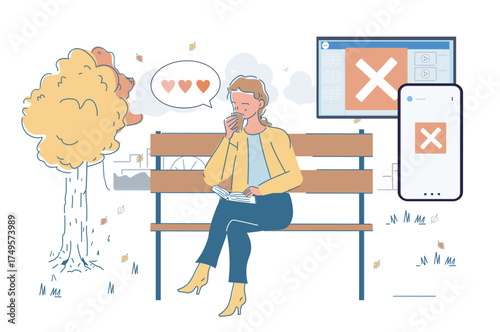Woman sitting on a park bench drinking coffee and reading a book, surrounded by digital screens and autumn elements, expressing online rejection. Vector illustration