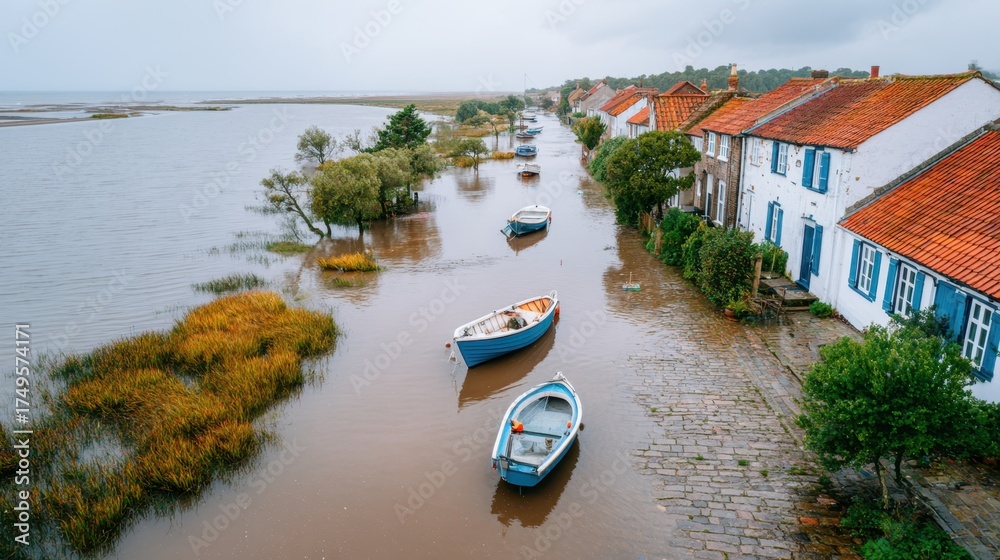 Naklejka premium Scenic View of a Flooded Coastal Village with Boats on a Tranquil Waterway Surrounded by Vibrant Nature and Historic Architecture