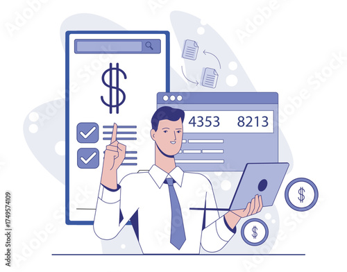Businessman using digital payment system on laptop, surrounded by financial icons, interface elements, flat graphic style, isolated on white background. Concept of online banking. Vector illustration