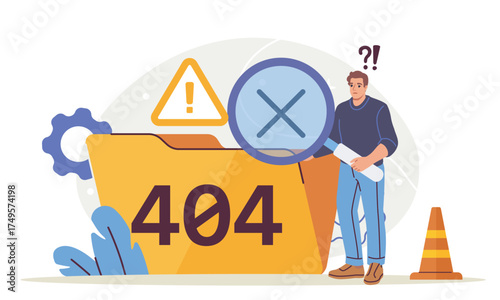 Cartoon-style man looking confused at a large 404 folder with warning symbols and magnifying glass on abstract background. Concept of website error. Vector illustration