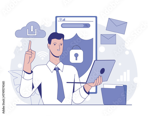 Man in formal attire using a tablet with icons of email, cloud download, and padlock in background, on white background. Concept of data protection. Vector illustration