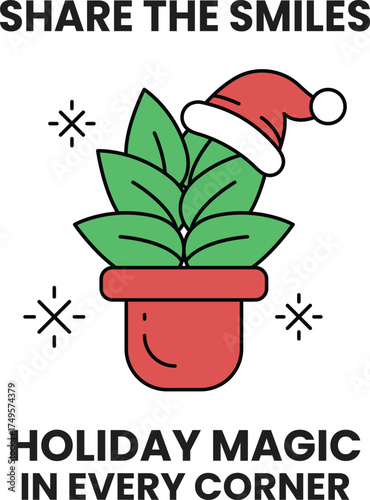 A plant in a red pot with a green leaf and a santa hat on top