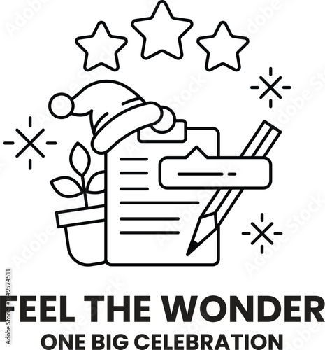 A black and white image of a star with a hat on it and a pencil
