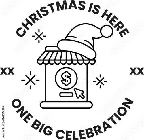 A black and white Christmas is here logo with a hat on it