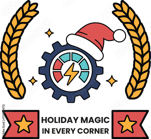 A Christmas themed logo with a Santa hat and a gear