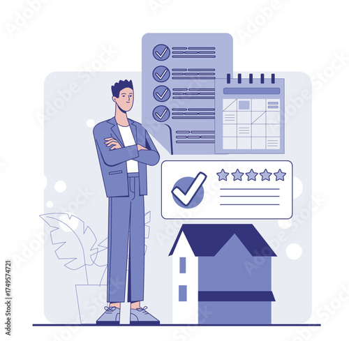 Businessman standing near checklist, calendar, and house icon with rating stars on abstract background. Concept of real estate quality control. Vector illustration