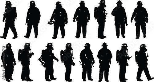 Silhouettes of firefighters in uniform with helmets and equipment, emergency service illustration, rescue team concept, fire safety professionals vector design