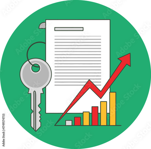 Real estate market growth showing property sales document and house key in front of rising graph