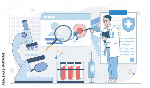 Male doctor analyzing fertilization process with microscope, test tubes, and sperm illustration, in flat graphic style on white background. Concept of fertility. Vector illustration