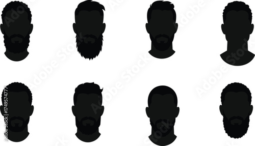 Silhouettes of male faces with various beard and hairstyle styles, modern men portrait collection representing diversity, fashion, and masculine grooming concept