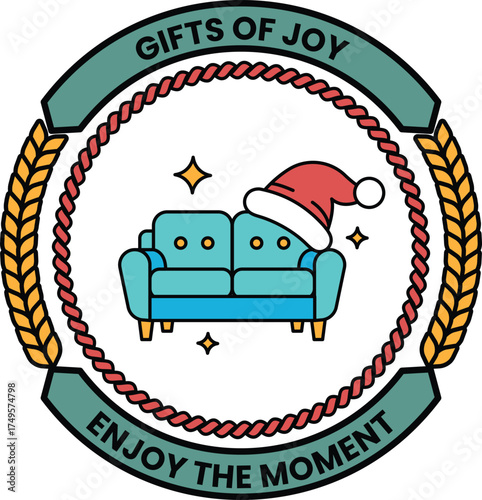 A couch with a red hat on it and the words "enjoy the moment" written around it