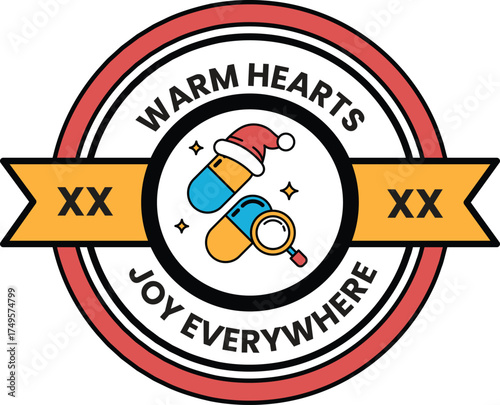 A red and white circle with a blue pill in the center and a santa hat on top