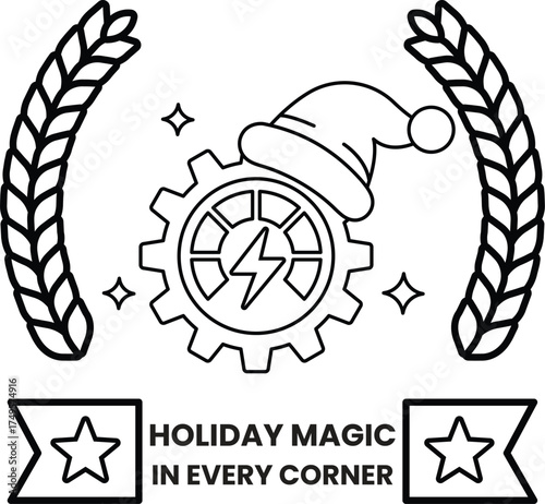 A black and white image of a Christmas hat on a gear with the words Holiday Magi