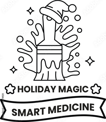 A black and white image of a paintbrush with a Santa hat on it