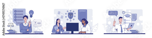 Diverse legal professionals working at desks with law symbols, contracts, checklists, and computers in flat graphic style on white background. Concept of law. Vector illustration