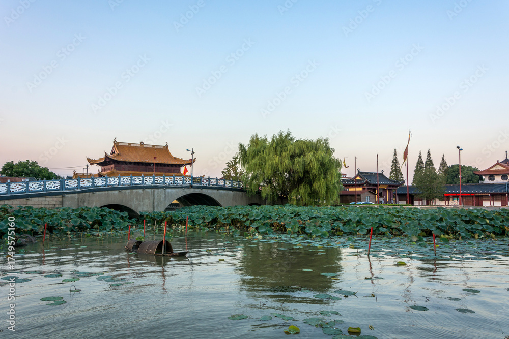 Naklejka premium Tranquil Reflections: A Scenic Bridge Amidst Lotus Flowers and Serenity