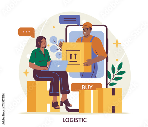Woman with laptop manages shipment while courier hands over package through smartphone screen, flat style on white background. Concept of digital logistics. Vector illustration