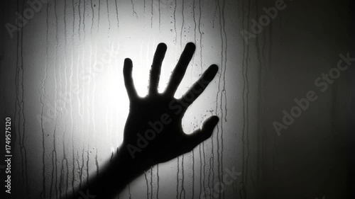 Silhouette of a hand pressed against a frosted glass window.