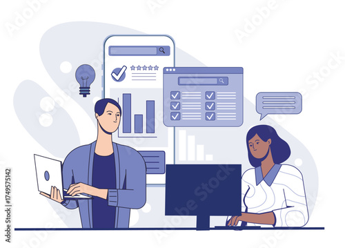 Two professionals working with laptops and data charts on screen, modern flat graphic style, on a white abstract background. Concept of business collaboration. Vector illustration
