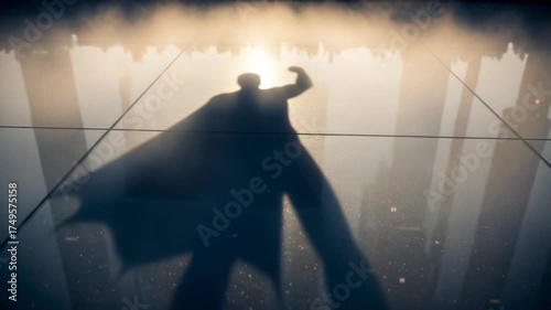 Superhero silhouette in city dramatic lighting action pose cape flowing mysterious figure.