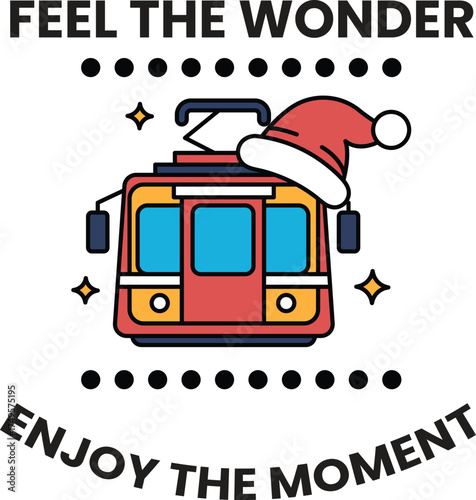 A red and blue train with a Santa hat on it