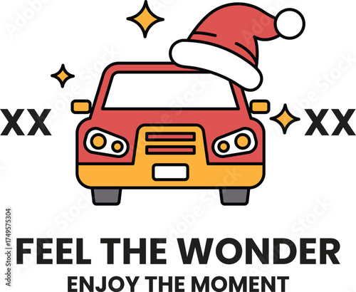 A red car with a Santa hat on it