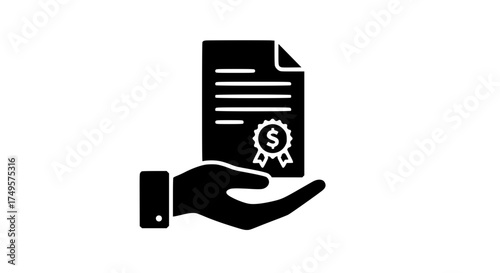 Hand holding diploma black white icon  