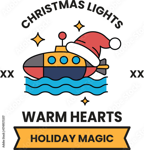 A boat with a Santa hat on it is floating in the water