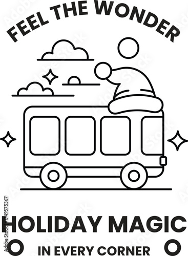 A black and white image of a bus with a Santa hat on top of it