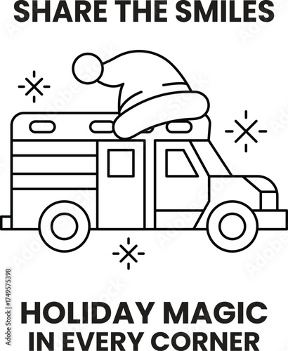 A black and white image of a Santa hat on top of a truck