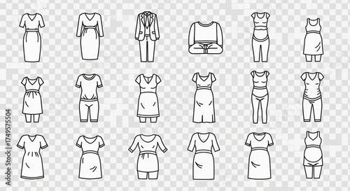 A collection of minimalist line art illustrations depicting various styles of women's clothing on a transparent background.