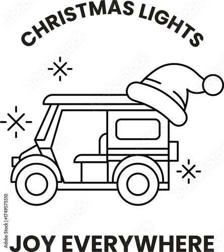 A black and white drawing of a car with a Santa hat on it