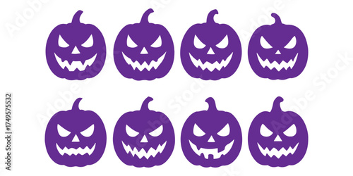 Set of Spooky Halloween Jack-o'-Lantern Pumpkins, Black Silhouettes with Scary Faces for Holiday Decorations and Autumn Celebrations.