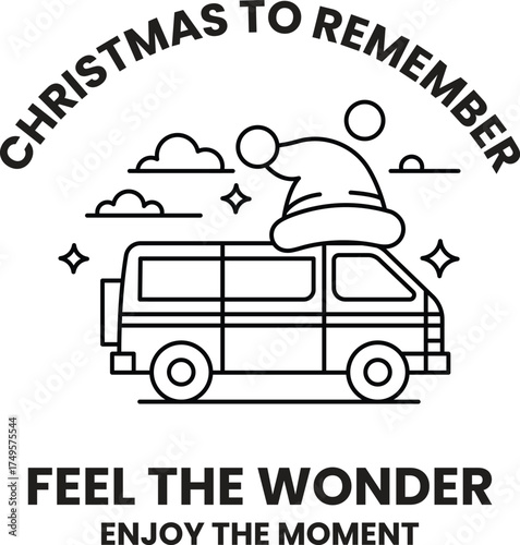 A black and white image of a Santa hat on top of a van