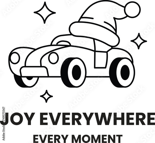 A car with a hat on it is smiling and saying "joy everywhere every moment"