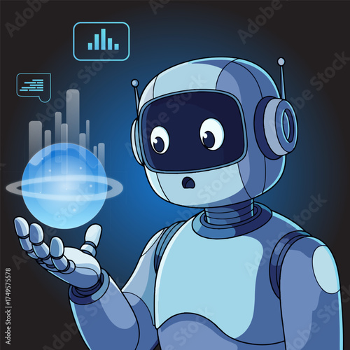 Futuristic Robot Holding Digital Hologram Illustration of a modern AI character symbolizes innovation, artificial intelligence, and advanced technology