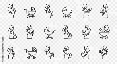 A collection of line art icons depicting pregnancy, motherhood, and baby care, including pregnant women and baby strollers.