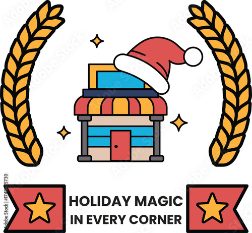 A Christmas themed sign for a store that says Holiday Magic in every corner