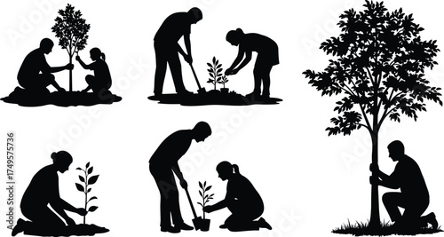 Silhouettes of people planting trees and caring for plants, environmental conservation illustration, nature protection concept, eco-friendly gardening activity design background