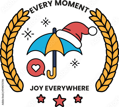 A blue umbrella with a red hat on top of it