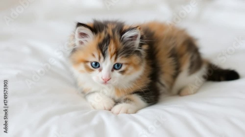 Adorable Calico Kitten with Captivating Blue Eyes on White Bedding.