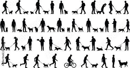 Silhouettes of people walking dogs, running, cycling, pet owners outdoor activity, human and animal interaction, dog walking lifestyle vector illustration set