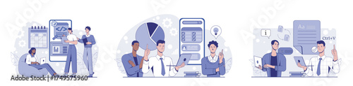 Business people collaborating on coding, data analysis, and content creation with charts and UI elements in flat cartoon style on white background. Vector illustration