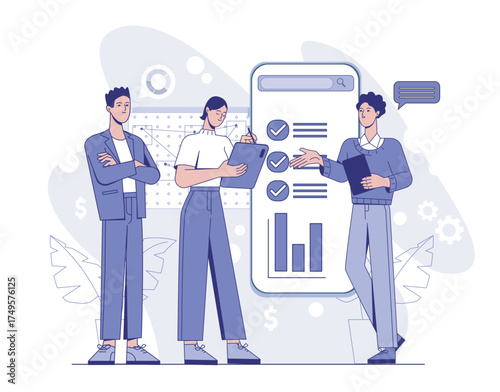 Business team discusses checklist and data charts on a large mobile interface, modern flat graphic style, abstract background, concept of data analysis. Vector illustration