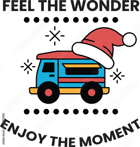 A blue and red truck with a Santa hat on top